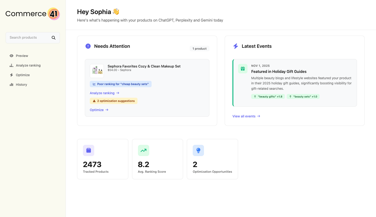 Screenshot showing how products appear in ChatGPT conversations with AI-generated descriptions and competitor comparisons
