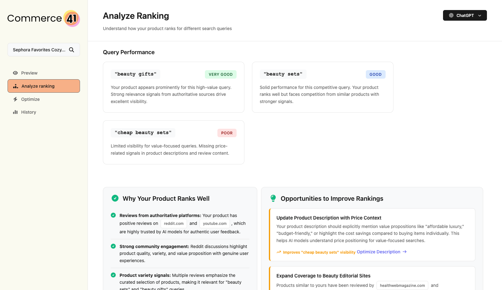 Dashboard showing competitive rankings analysis with citation sources and gap identification